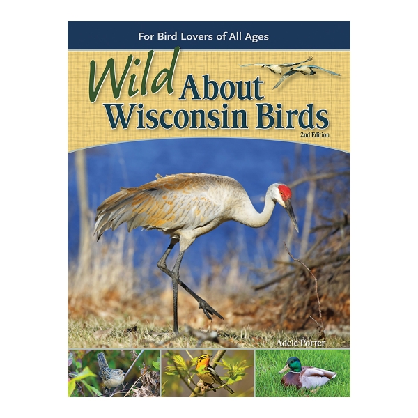 Book cover of "Wild About Wisconsin Birds" with a color photo of a sandhill crane in habitat of tall grass with a blue sky behind. Tan title banner across the top. 