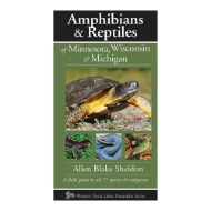 Book cover of "Amphibians and Reptiles of Minnesota, Wisconsin, and Michigan with four photos of reptiles including a turtle, snake, salamander, and race-runner lizard. 