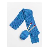 Blue knit scarf, ball of yarn, and two wooden knitting needles.
