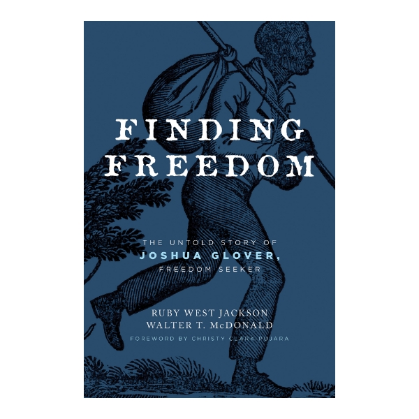 Book cover of Finding Freedom with dark blue background showing illustration of a man carrying a knapsack over his shoulder running. 