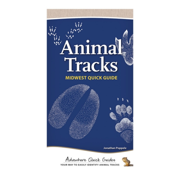 Animal Tracks book cover featuring dark blue background with white animal tracks across the page. 