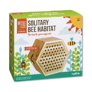 Solitary Bee Habitat box front showcasing the wooden habitat with graphics of bees and flowers along with multicolored borders. 