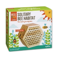 Solitary Bee Habitat box front showcasing the wooden habitat with graphics of bees and flowers along with multicolored borders. 