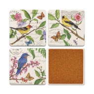 4 Bird Coasters feauring the different species of birds with colorful graphics on each stone coaster, with one coaster flipped showcasing the cork backing. 