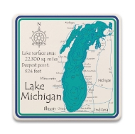 One square ceramic coasters with detailed topographic map illustration of Lake Michigan