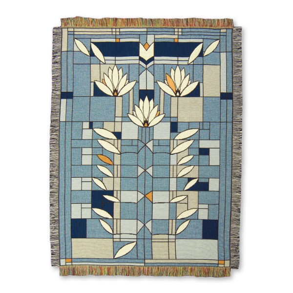 FLW Waterlilly Throw Blanket featuring a light blue background with geometric shapes including white waterlilly flowers and a few yellow petals. 