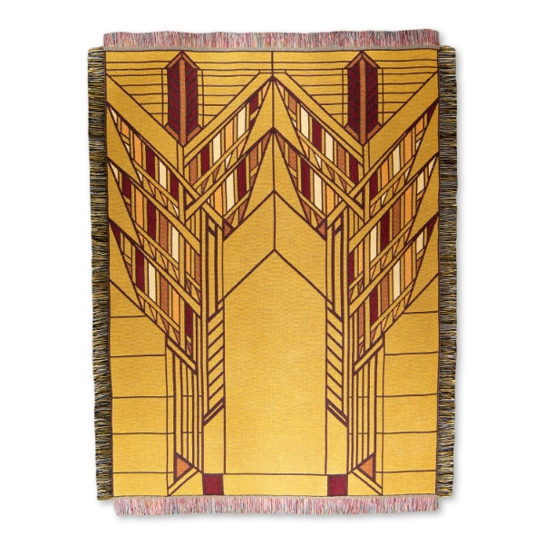 FLW Dana Sumac Throw Blanket featuring gold background with geometric maroon line patterns with some yellow and white shapes.