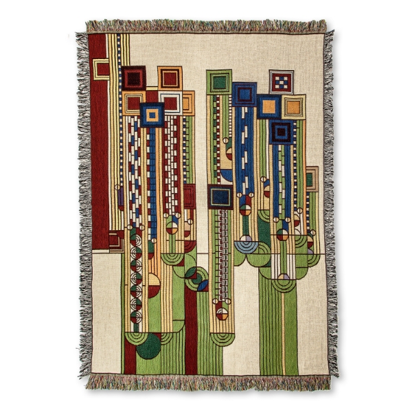 FLW Saguaro Throw Blanket featuring tan background with multicolored squares with semicircles placed inside. Includes blue, green, maroon, yellow, and white colorings. 