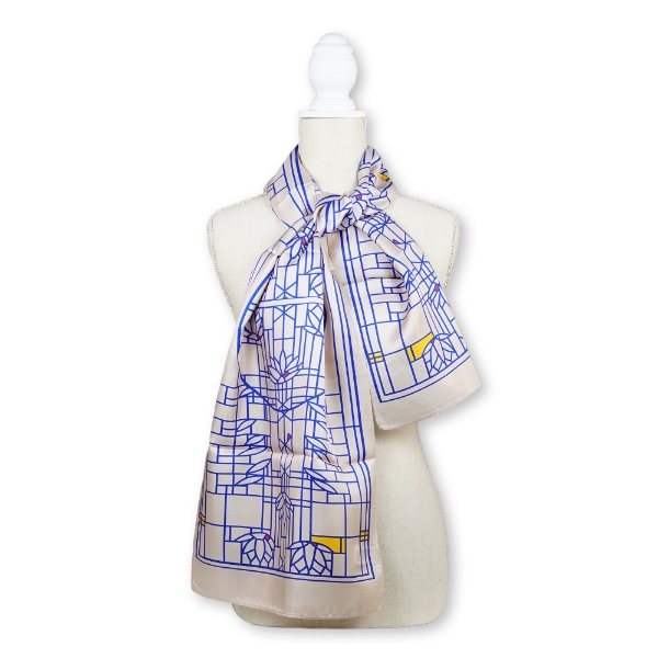Frank Lloyd Waterlilies design silk scarf wrapped around a mannequin. 