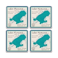 Set of four ceramic or smooth stone coasters with blue illustration of Lake Monona.