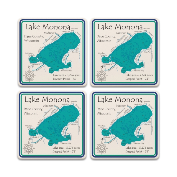 Set of four ceramic or smooth stone coasters with blue illustration of Lake Monona.