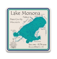 One square ceramic or smooth, tan, stone coaster with blue illustration of Lake Monona.