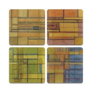 Set of four square coasters with Frank Lloyd Wright's "Hillside Rug" design in muted shades of reds, oranges, blue, and green.