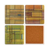 Set of four square coasters with Frank Lloyd Wright's "Hillside Rug" design in muted shades of reds, oranges, blue, and green. One is overturned to show cork backing.