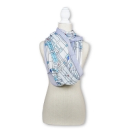 FLW Waterlilies Infinity Scarf draped around a model mannequin. White with light blue and gray border trip and light blue and dark blue and black geometric lines across scarf body depicting flowers and lily pads.