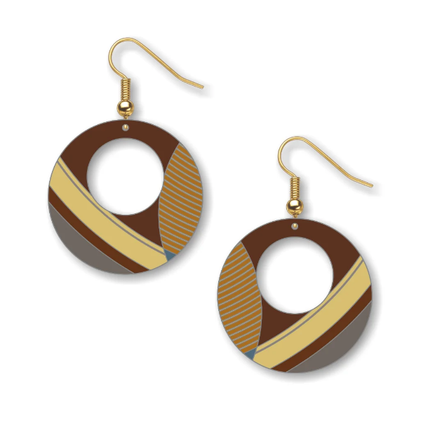 Two brown, circular earrings with with abstract art design and gold shepherd hooks. 