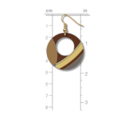 Brown, circular earring next to ruler to show size, which is about 1.25" diamater (about 3cm).