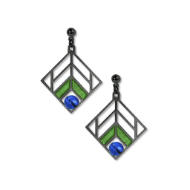 Two short dangle earrings with perforated square shape hung on the diagonal. Modern Frank Lloyd Wright chevron design with blue glass bead in lower corner.  