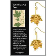 Two brass maple leaf earrings with gold electroplate and shepherd hooks. Shown here here mounted on packaging card. 