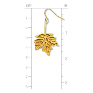 Brass maple leaf earring with gold electroplate and shepherd hook pictured here next to ruler to show size, about 1.75" total length.