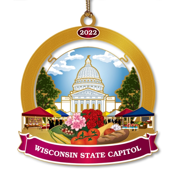 Tree ornament with image of the Wisconsin capitol dome in the background. In the foreground are colorful farmer's market images like vendor tents, produce, and flowers.