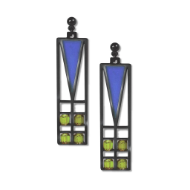 Two rectangular dangle earrings with Frank Lloyd Wright stained glass window design. Blue enamel elongated triangle and 4 green glass beads. 