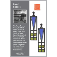 Two rectangular dangle earrings with Frank Lloyd Wright stained glass window design.The earrings are mounted on the right side of a display card, description on the left. 