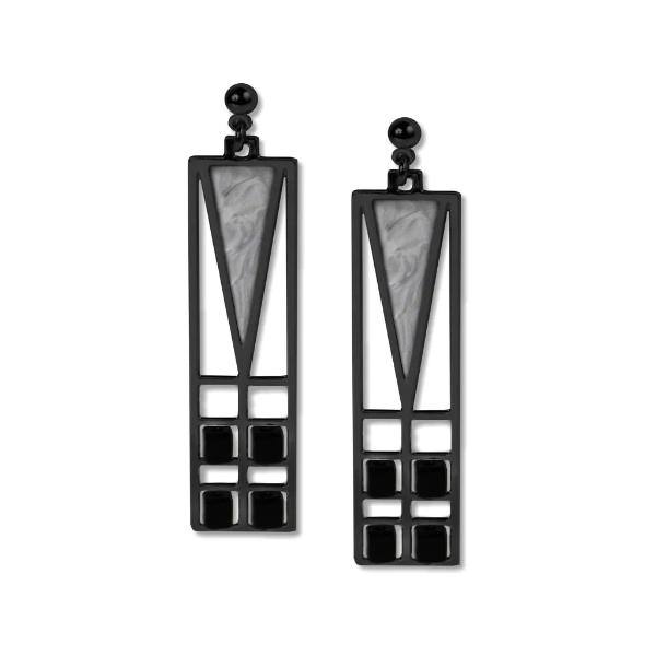 Two rectangular dangle earrings with Frank Lloyd Wright stained glass window design. Gray elongated triangle and 4 black glass beads.
