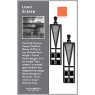 Two rectangular dangle earrings with Frank Lloyd Wright stained glass window design.The earrings are mounted on the right side of a display card, description on the left.