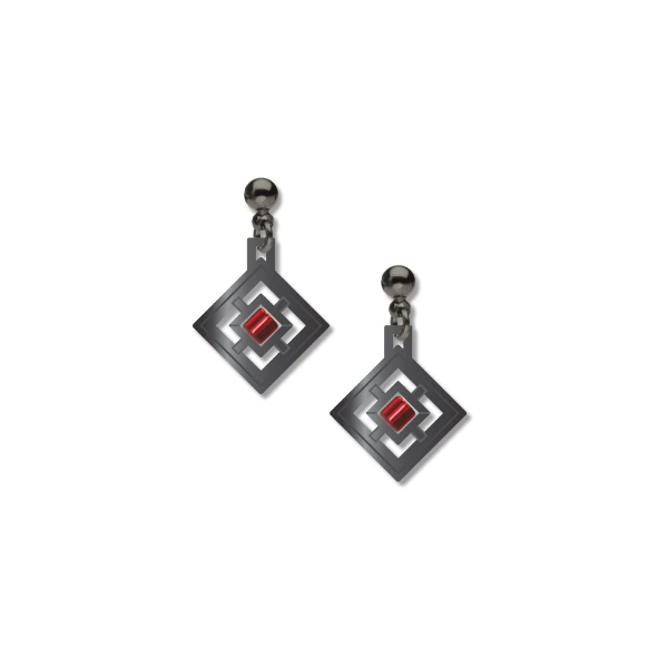Two short dangle earrings with perforated square shape hung on the diagonal. Modern Frank Lloyd Wright window design with red glass bead in center.