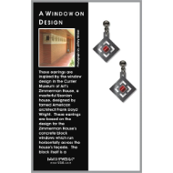 Two short dangle earrings with modern Frank Lloyd Wright design with red glass bead in center. Shown on packaging display card.