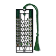 Frank Lloyd Wright Tree of Life Bookmark with green, yellow, and orange colors along brass plated bookmark. Attached is a green rope thassle.