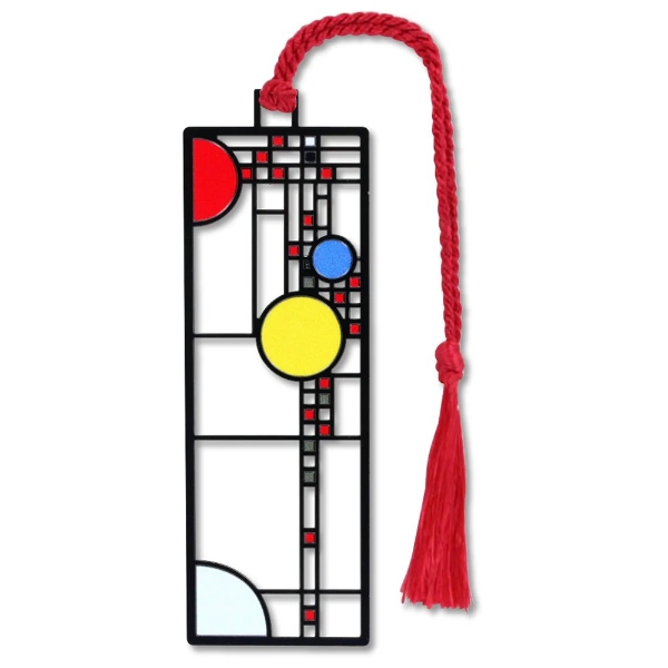 Frank Lloyd Wright Coonley Playhouse Bookmark displayed with black metal frame, geometric designs of squares and circles with red, yellow, and blue colorings. Red rope tassel attached.