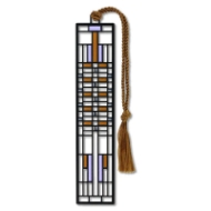 Frank Lloyd Wright Dana House Bookmark displayed with black border and geometric rectangles with light purple and gold colorings. Golf tassel attached to bookmark.
