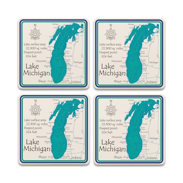 Four square ceramic coasters with detailed topographic map illustration of Lake Michigan