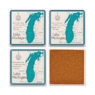Four square ceramic coasters with detailed topographic map illustration of Lake Michigan. One is overturned to show tan cork backing.