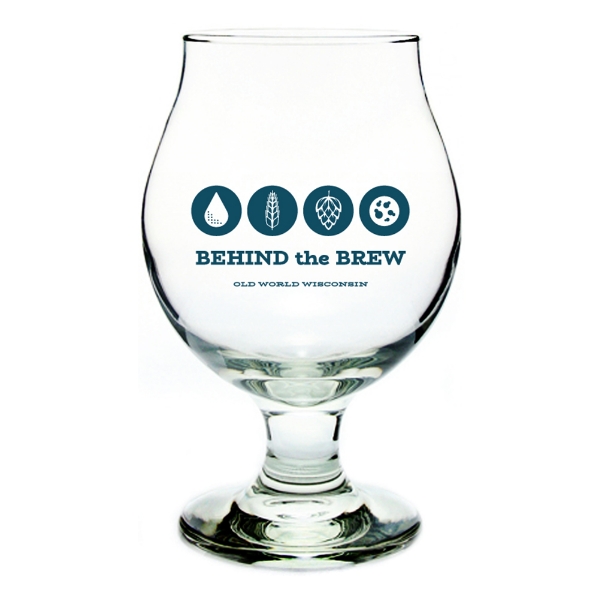 Behind the Brew Belgian Beer Glass displayed with clear glass and blue graphics on showing symbols for water, wheat, hops, and yeast. The words Behind the Brew with Old World Wisconsin below.
