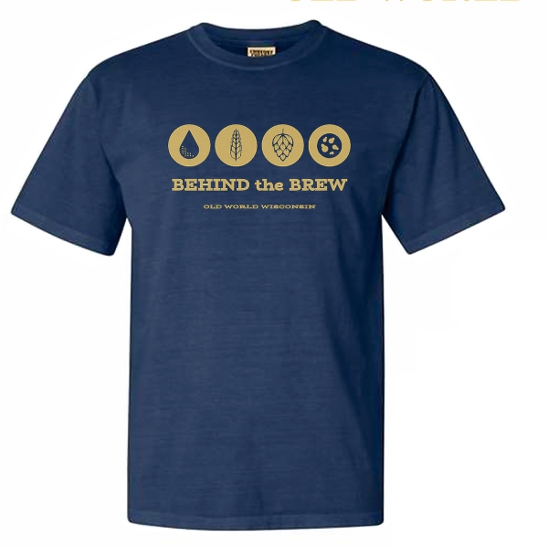 Behind the Brew Men's Shirt in charcoal grey dispalying tan symbols for water, wheat, hops, and yeast. Below the symbols includes words Behind the Brew, and Old World Wisconsin.