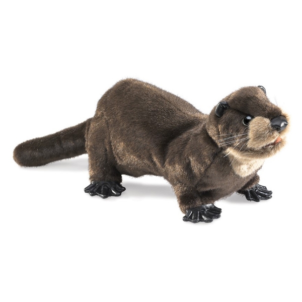 Brown river otter hand puppet with black webbed feet, light brown cheeks, a black nose, little black ears, pink tongue, and wiskers. 