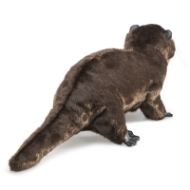 Backside view of brown river otter hand puppet with black webbed feet, fat tail, and little black ears.  