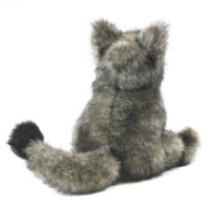 Back view of grey coyote hand puppet in alert, seated position with fuzzy gray fur. Its gray tail has black tip.