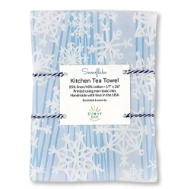 Light blue and white tea towel with a snowflake print design. It is folded into a rectangle and bundled with string. 