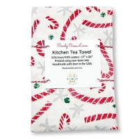 Kitchen tea towel folded into a rectangle and bundled with string. The towel is white with a red and green candy cane print design.