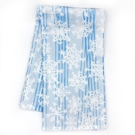 Light blue and white tea towel with a snowflake print design.