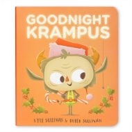 Goodnight Krampus Board Book Cover featuring illustrated Krampus holding a candy cane. 