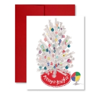 Merry & Bright Aluminum Christmas Tree Card white card with red envelope. Card cover features illustration of white aluminum tree with multicolored ornaments. 