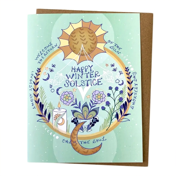 Winter Solstice Sun Card front featuring light blue background with a yellow sun and various moons around other illustrations of flowers and plants. 