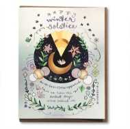 Winter Solstice Moon Card front featuring yellow moon in dark sky with various plants and geometric shapes and stars around. 