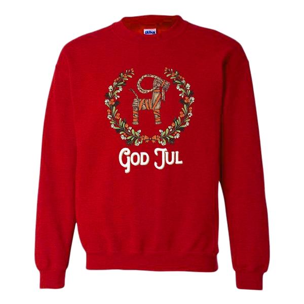 Red sweatshirt with multi-color screen print of Scandinavian Yule goat illustration. The words "God Jul" in bold white are positioned under the goat.