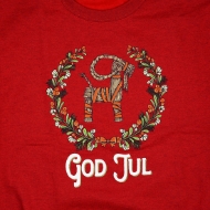 Detail of front of read sweatshirt showing multi-color screen print of Scandinavian Yule goat illustration. The words "God Jul" in bold white are positioned under the goat.
